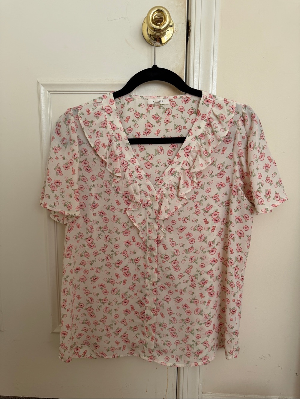 Pleione Cream Blouse with Pink Rose Print and Green Accents